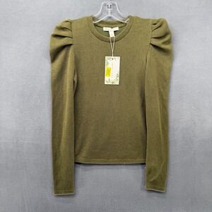 Chelsea & Violet Olivine Sweater Puffed Shoulder Waffle Knit Top Green Small NEW